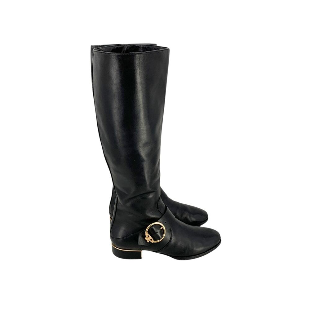 Tory Burch SOFIA BUCKLED Logo Knee High Riding Boot Flat Equestrian 7M Black - Picture 2 of 8